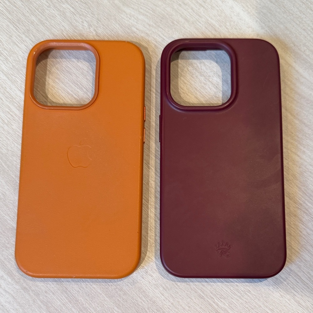 iPhone 14 Pro Phone Case Lot- One Orange Leather, One Burgundy Silicon
